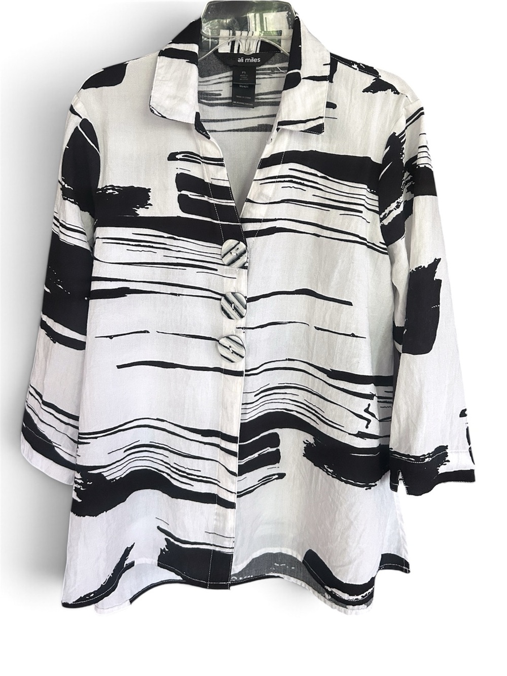 Ali Miles Abstract Black White 3/4 Sleeve Swing Top Button Up Artsy Lagenlook PS